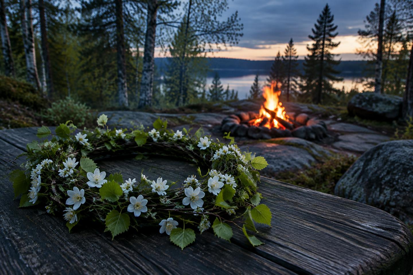 En krans av hvite vårblomster og grønne kvister, med et bål i skumringen bak