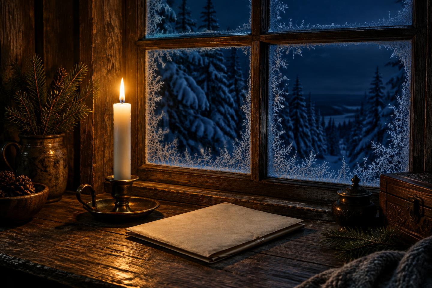 Ett lys og et brettet ark ved et frostdekket vindu mot den mørke vinterskogen