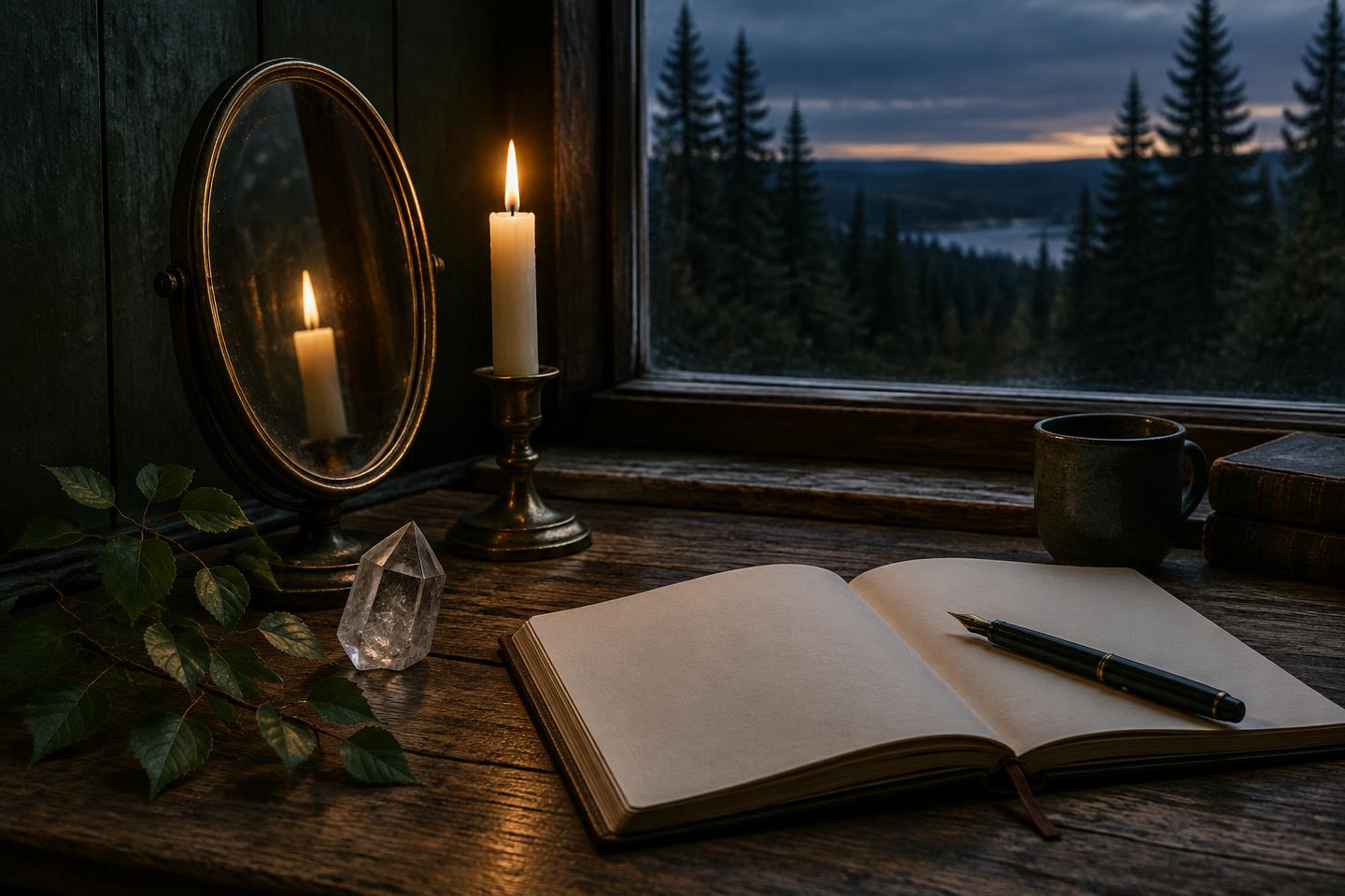 Et speil som reflekterer et levende lys, med en krystall og notatbok ved vinduet