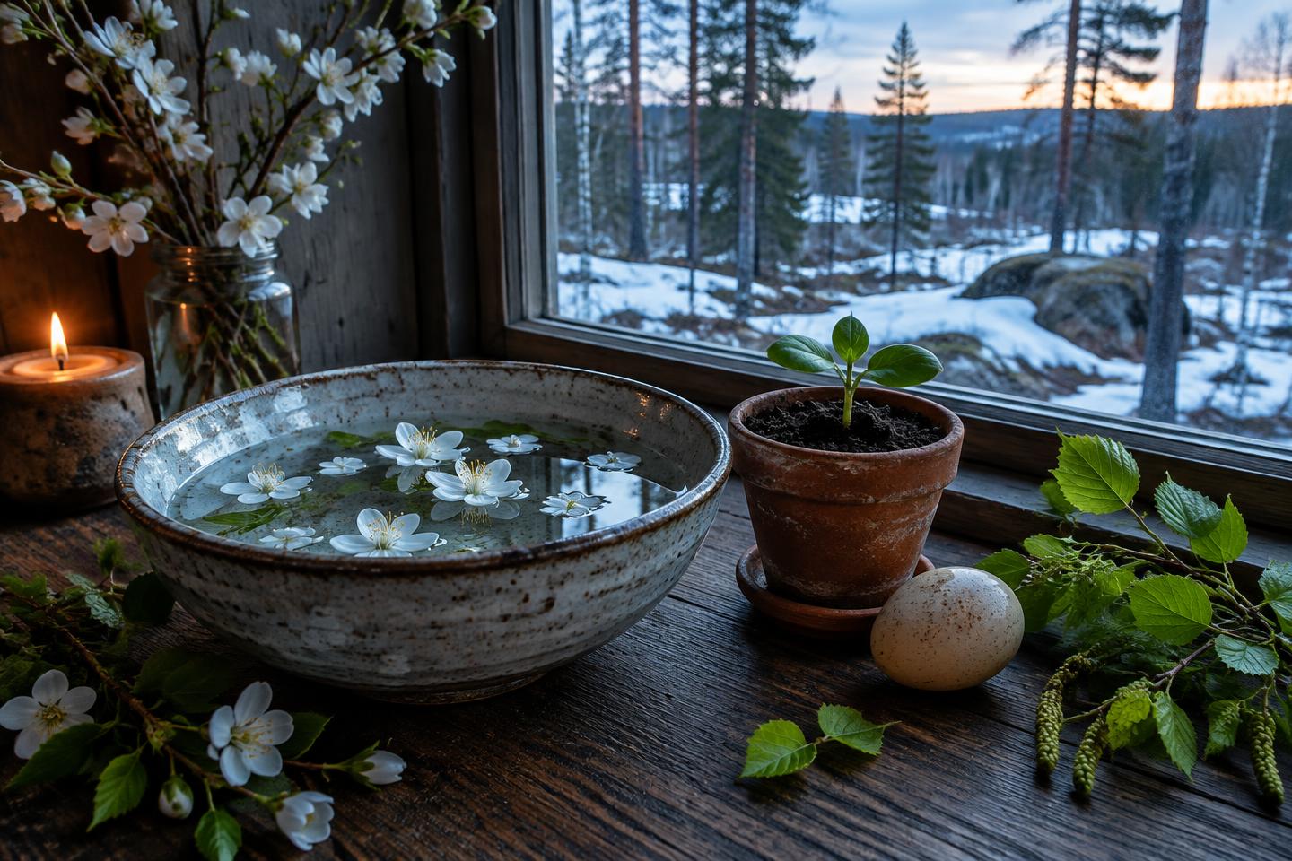 Hvite blomster flyter i en skål med vann ved en spirende plante og et egg