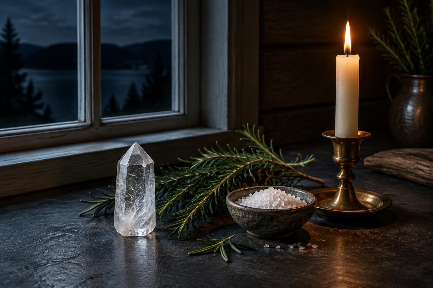 Kvartskrystall, rosmarin, havsalt og et tent lys ved et vindu
