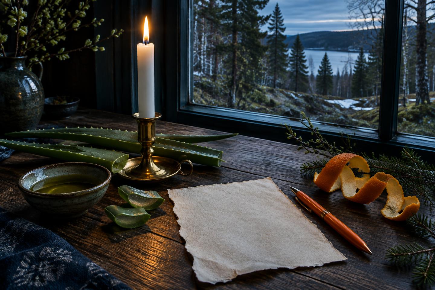 Hvitt lys, aloe vera, appelsinskall, oransje penn og papir ved et vindu mot vårskogen
